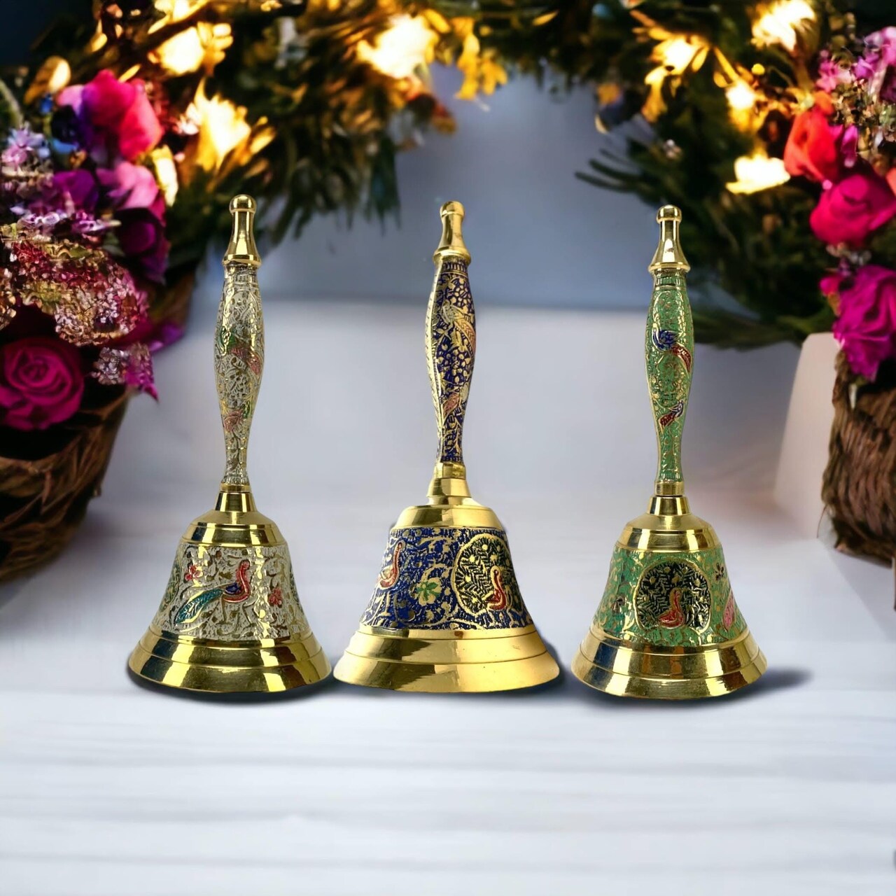 Decorative Peacock Temple Bells Brass Puja Ghanti Hindu Mandir Bell Coloured Pooja Jingle Bells Indian Home Decor Hand Painted Bell Housewarming Gift